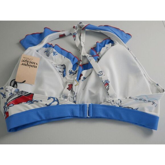 Unique Vintage Nautical Bikini Top | 1X | Ruffle Trim | Hook Back | Removable Pa - Picture 2 of 5